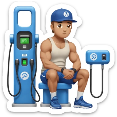 A naked man with bulging muscles sits in a thoughtful pose at a Bluetti charging station. sticker