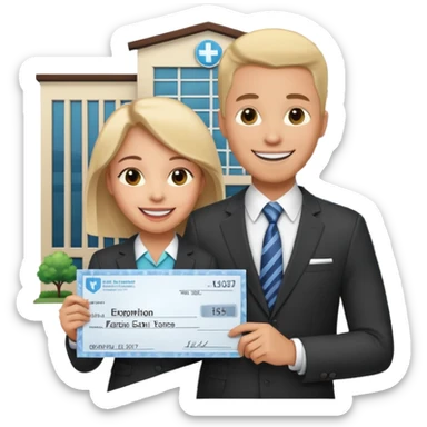 Happy CEO investing money to a hospital sticker