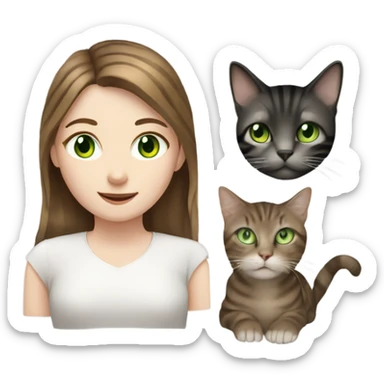 a girl, green eyes, pale skin, two cats (brown, black stripes and white on the neck) sticker
