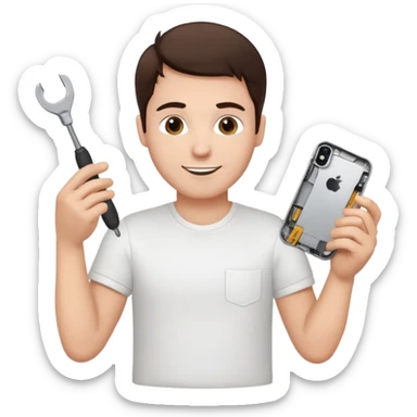 make a white guy with dark brown hair, with a simple white o grey shirt, repairing an iphone happy, tecnician with small tools sticker