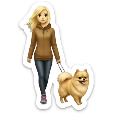 Blonde girl walking little pomeranian under the rain sticker