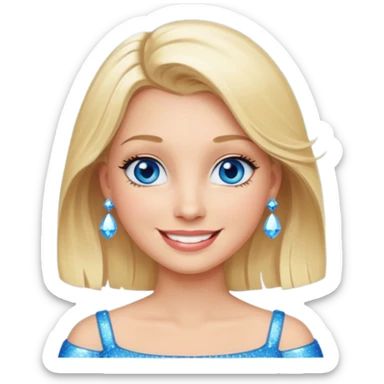 make this real, blond, below shoulder, blue eyes, 50s, sparkle in the eyes, fun, smile, no earings, relaxed style sticker