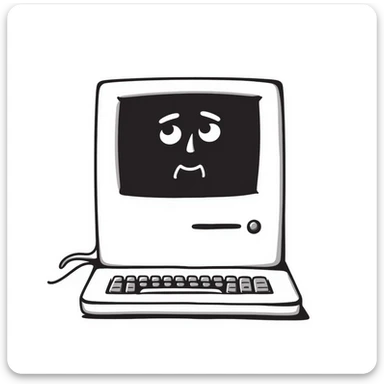 Pixel art style old Macintosh computer with a sad glitchy face on the screen, simple monochrome linework sticker