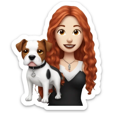 Long Red haired woman with septum piercing holding black and white English Staffordshire dog sticker