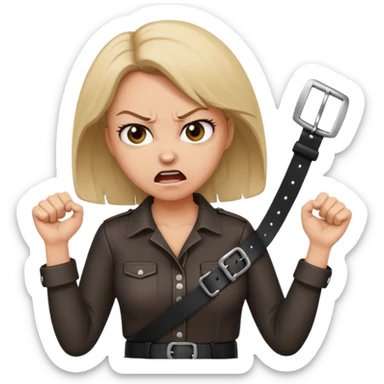 mom with a belt in her two hands and an angry expression on her face sticker