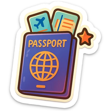 playful retro sticker-style illustration of a passport with two airline tickets sticking out, and a small heart or star accent, bold outlines, smooth forms, and glossy expressive highlights sticker