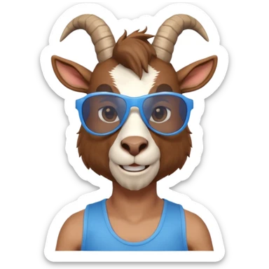 3D cartoon goat man portrait, head and shoulders, brown fur, small horns, blue reflective sunglasses, slight smile, tank top, soft lighting, centered, clean background, no text, no watermark
 sticker