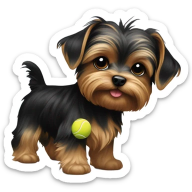 Yorki Puppy black and golden with a tennis ball sticker