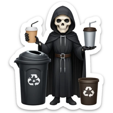 grim reaper with a coffee and trash can with papers  sticker
