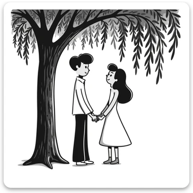 Hand-drawn romantic scene with two people holding hands under a tree sticker