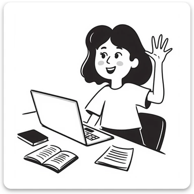 A smiling musician sitting at a desk with a laptop, raising hand during class sticker