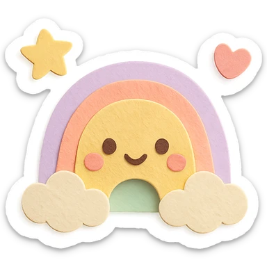 kawaii tiny rainbow with floating star and heart around, no arms, no legs, full body, soft pastel kawaii paper craft style sticker