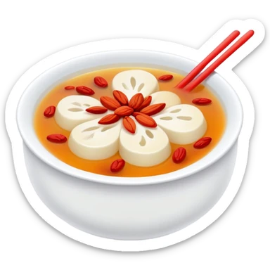 Sweet white fungus soup with red dates and goji berries, simplified emoji style with bold outlines and bright colors, cartoon style Yin Er Tang dessert sticker