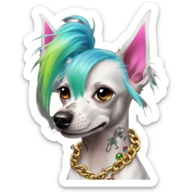 Punk Chinese crested dog neon rainbow hair gold chain punk piercings tattoos punk ear piercings sticker