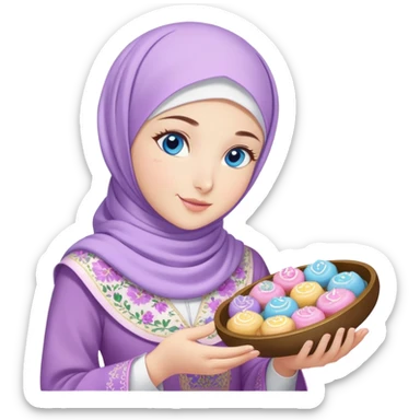 Turkish beautiful finish Konya girl blue eyes with lilac floral hijab islamic dress and had on her hand text Eid Mubarak with sweets and celebrating with her friends eid days   sticker