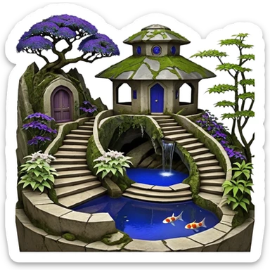 Alien saucer house jungle-vines precarious narrow stairway fountain koi pond mountain-island getaway nighttime landscape antique mudman very old broken cracked intricate Stone Age lapis-crusted irregular dodecagon-shaped shallow dark moss rough bark violet serissa flowered maple tree bonsai pot sticker