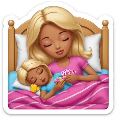 Brown skin blonde hair Barbie sleeping in bed with eyes closed with candy sticker