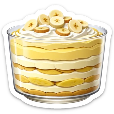 Banana pudding with vanilla wafers in a trifle dish sticker