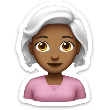 mujer cabello castaño piel blanca con ojos grandes cafe, con una laptop y vestida de rosa sticker