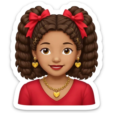 Brownskin girl dark brown hair fluffy. pigtails with red bows brown eyes smiling closed mouth red shirt gold esrrings gold necklace sticker