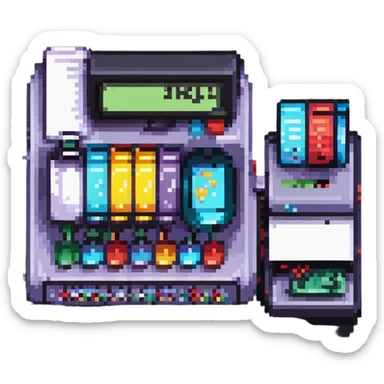 a cash register printing a receipt, pixel art style sticker