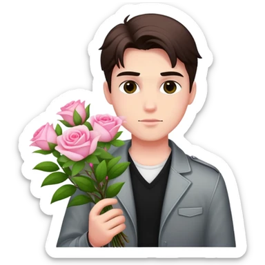A cool bad boy with fair skin holding a bouquet of pink jasmine roses sticker