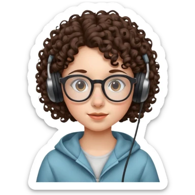 brunette kid with unique face features and very curly hair kid girl neutral and big glasess and big nose and dark eyes with freckles kind of nerd looking and headphone wearing sticker