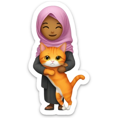 An orange cat hugging a hijabi girl  sticker