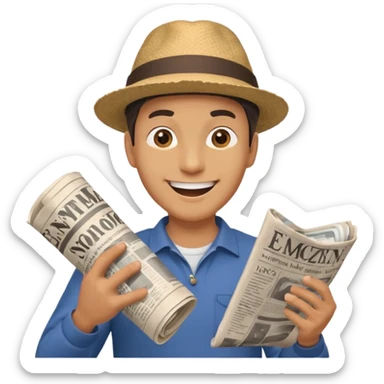 man energetically throwing a rolled-up newspaper to his right sticker