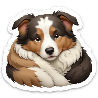 Cinematic Chubby Sleeping Tri-Color Australian Shepherd Portrait Emoji, Chubby and serene, with a round, adorable build and a plush tri-color coat of black, white, and tan, eyes gently closed in peaceful slumber, Simplified yet irresistibly endearing features, highly detailed, glowing with a gentle, dreamy glow, high shine, relaxed and content, stylized with a touch of whimsy, bright and heartwarming, soft glowing outline, capturing the essence of a blissfully sleepy herder, so comically serene it feels like it could roll out of the screen and snore with adorable charm! sticker