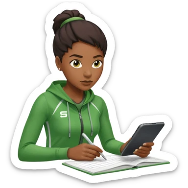 A calm black female coach with folded arms, analyzing the game with sharp focus, green clothes sticker