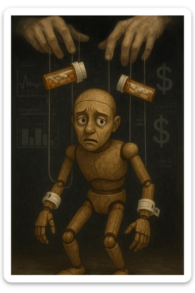 a marionette puppet with hospital bracelets and medication bottles as strings is controlled by unseen hands from above. The puppet’s face shows confusion and fatigue, representing the feeling of being managed by an invisible system. The background is dark, with faint images of medical charts and dollar signs. in italiano sticker