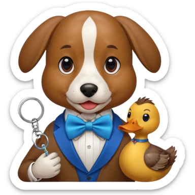 A dog holding keys in one hand and a duck in the other, all with a half-red, half-blue bow tie. sticker