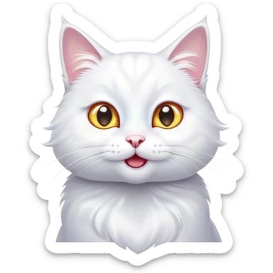 Cinematic Comical White Cat Portrait Emoji, Head tilted in an exaggerated, surprised manner with wide, sparkling eyes, showcasing a pristine white fur with subtle hints of silver and an animated, goofy expression, simplified yet whimsically detailed, glowing with a playful, bright radiance, high shine, exuding a lighthearted and comical charm, styled with a soft glowing outline, capturing the essence of a white cat that looks ready to prance comically off the screen! sticker