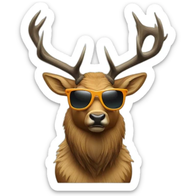 Bull elk wearing sunglasses holding a rifle sticker