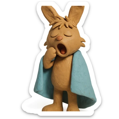full-body pale brown bunny yawning with messy hair, blanket over shoulders, claymation style sticker