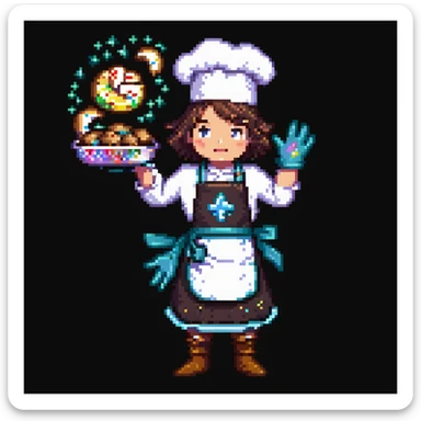 Portrait of a baker casting a baking spell, cookies floating around him, sparkles on his gloves and apron, skeuomorphism style sticker