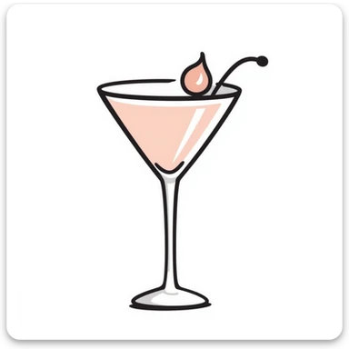 A fancy cocktail glass with decorative garnish in pastel colors (dd9fb0, ffc6d3, a3bfc9, c4bee2, f1b091), hand-drawn doodle style sticker