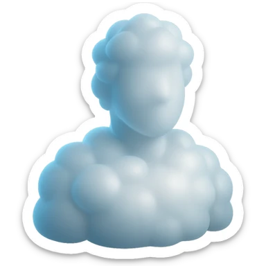 person made of white voluminous clouds, shoulder up, front view, matte glass style sticker