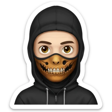 это должен быть юноша, одет в черную худи с балаклавой, глаза цвета хамелион, но более коричневые, выглядит как зомби и еще немного длинные волнистые кудрявые волосы темно коричневого цвета, также добавь темный оттенок на задней фон sticker