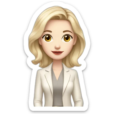 pale skin woman interior designer with cold blonde middle length hair, gray eyes, White oversize jacket, beige blouse, Gray skirt holding a color palette in the hands sticker