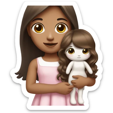 Little Girl with White skin, black eyes. Long brown hair with. She is wearing a pink and White dress, standing and holding on to a doll sticker
