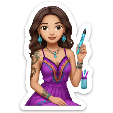 light skin latina standing up with brunette hair with a nice body and a nice boho dress with a hyaluronic pen in a beauty office with a neon sign in the back saying Joyfulipss Aesthetics with a black tattoo bed and have her smiling

 sticker