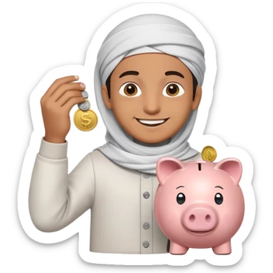 smiling Muslim boy carefully putting coins and bills into piggy bank, emoji style sticker