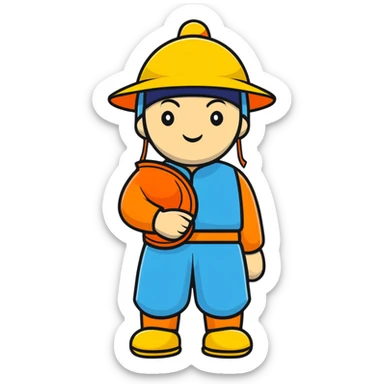 Man of Chinese appearance wearing an orange helmet with a yellow hat visible sticker