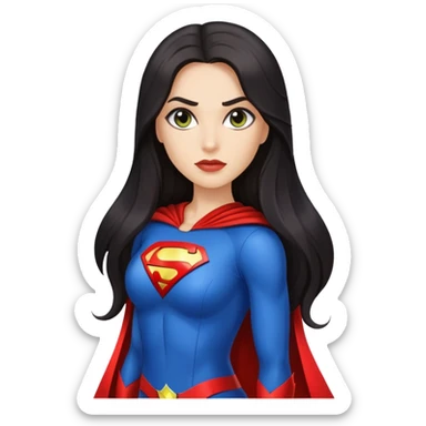 Pretty woman with very long dark hair and long face light skin smaller eyes and superhero outfit sticker