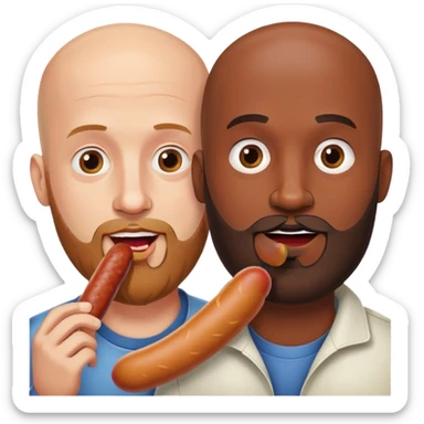 Two man eating one sausage, both bald, both have beards, one African American and the other Caucasian  sticker