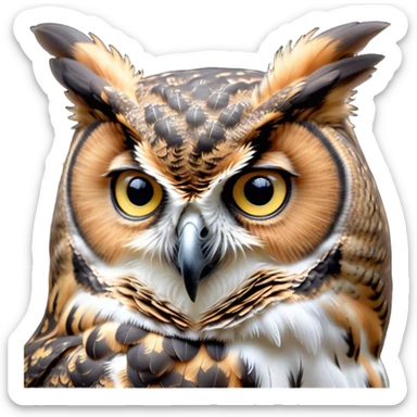 Cinematic Noble Great Horned Owl Portrait Emoji, Poised and regal, with a commanding, broad build and a richly mottled plumage of grays, whites, and subtle browns, deep-set soulful golden eyes, Simplified yet sharp and sophisticated features, highly detailed, glowing with a soft, dignified glow, high shine, intelligent and enigmatic, stylized with an air of nocturnal majesty, focused and attentive, soft glowing outline, capturing the essence of a watchful and confident raptor, so majestic it feels as though it could silently swoop out of the screen with effortless authority! sticker