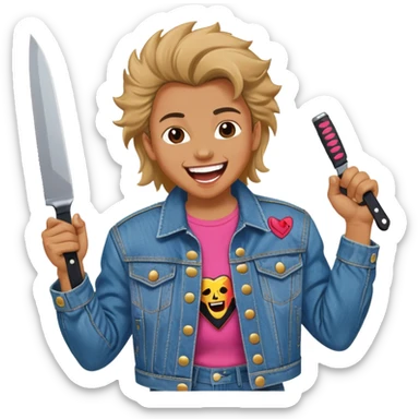 savage person wearing 80s 1988 outfit, denim jacket with shoulder pads, holding a knife, laughing maniacally sticker