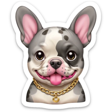 Gray spotted Merle Frenchie dog wearing gold chain sticker